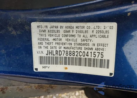 2002 Honda Cr-V Ex from USA, damaged, VIN JHLRD78882C041575